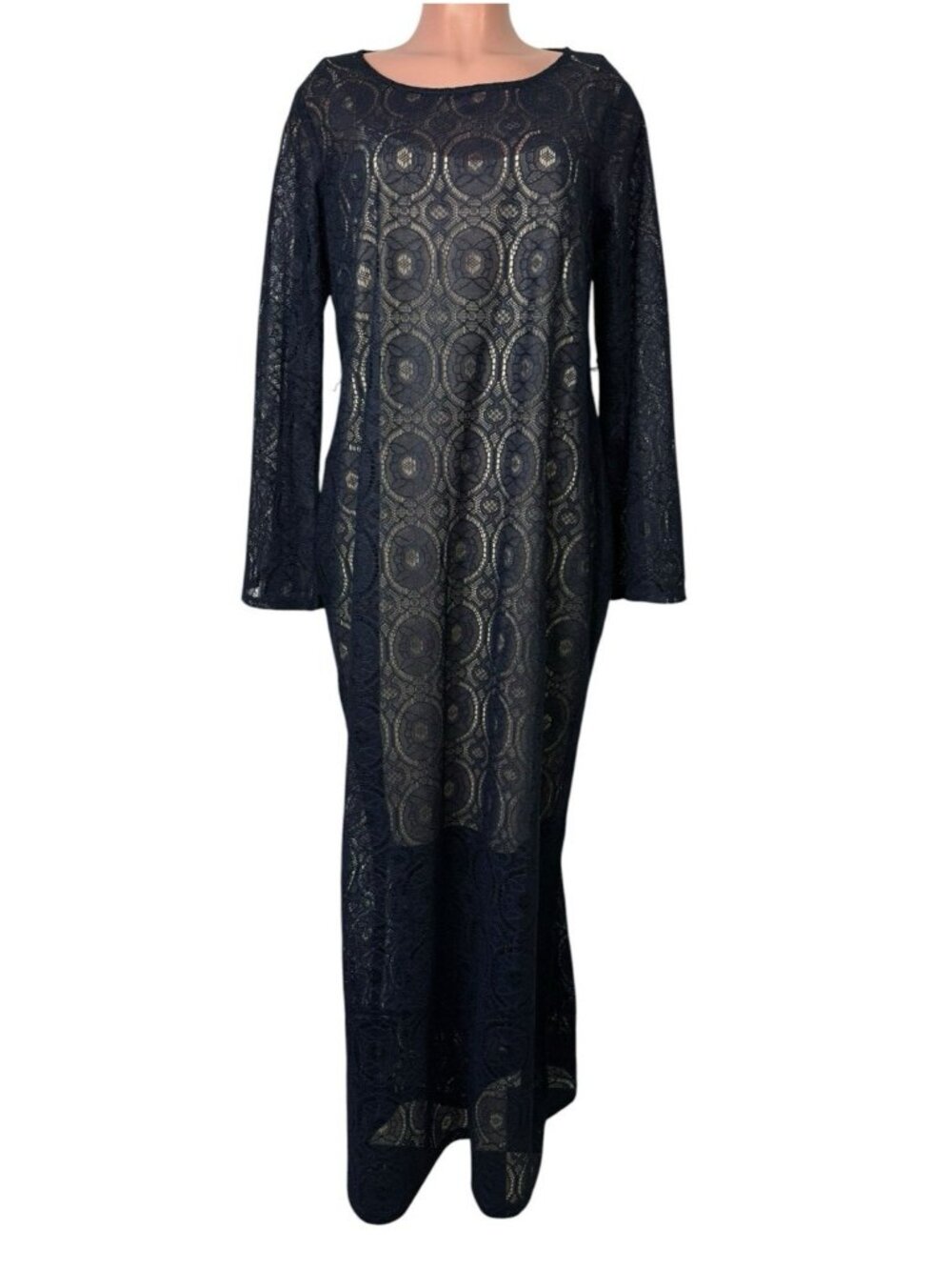Cato Maxi Dress Size 14/16 Blue Crochet Knit Boho Long Flare Sleeve Side Slit